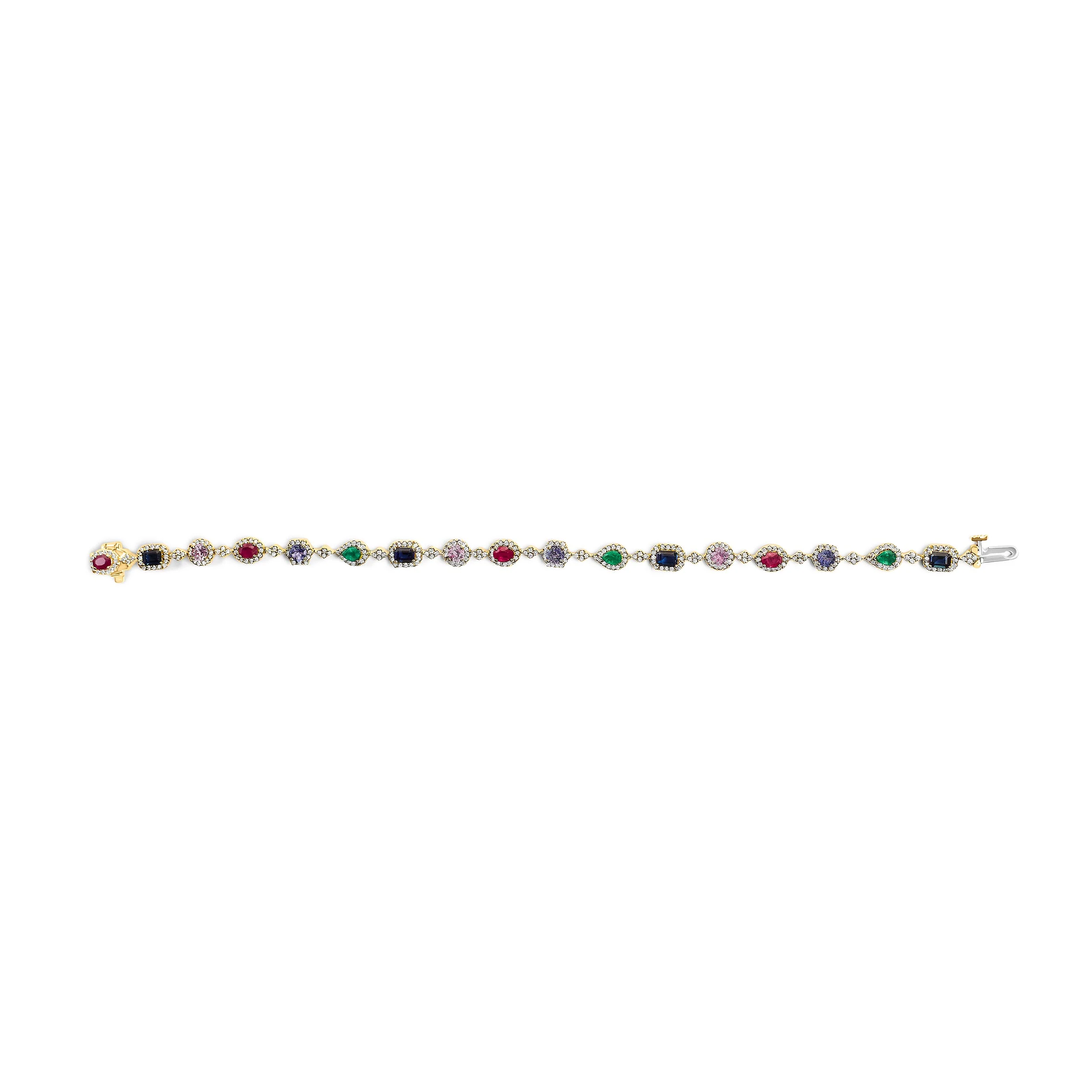 14K Yellow Gold Multi-Gemstone  and Diamond Halo Rainbow Link Bracelet - Image 3