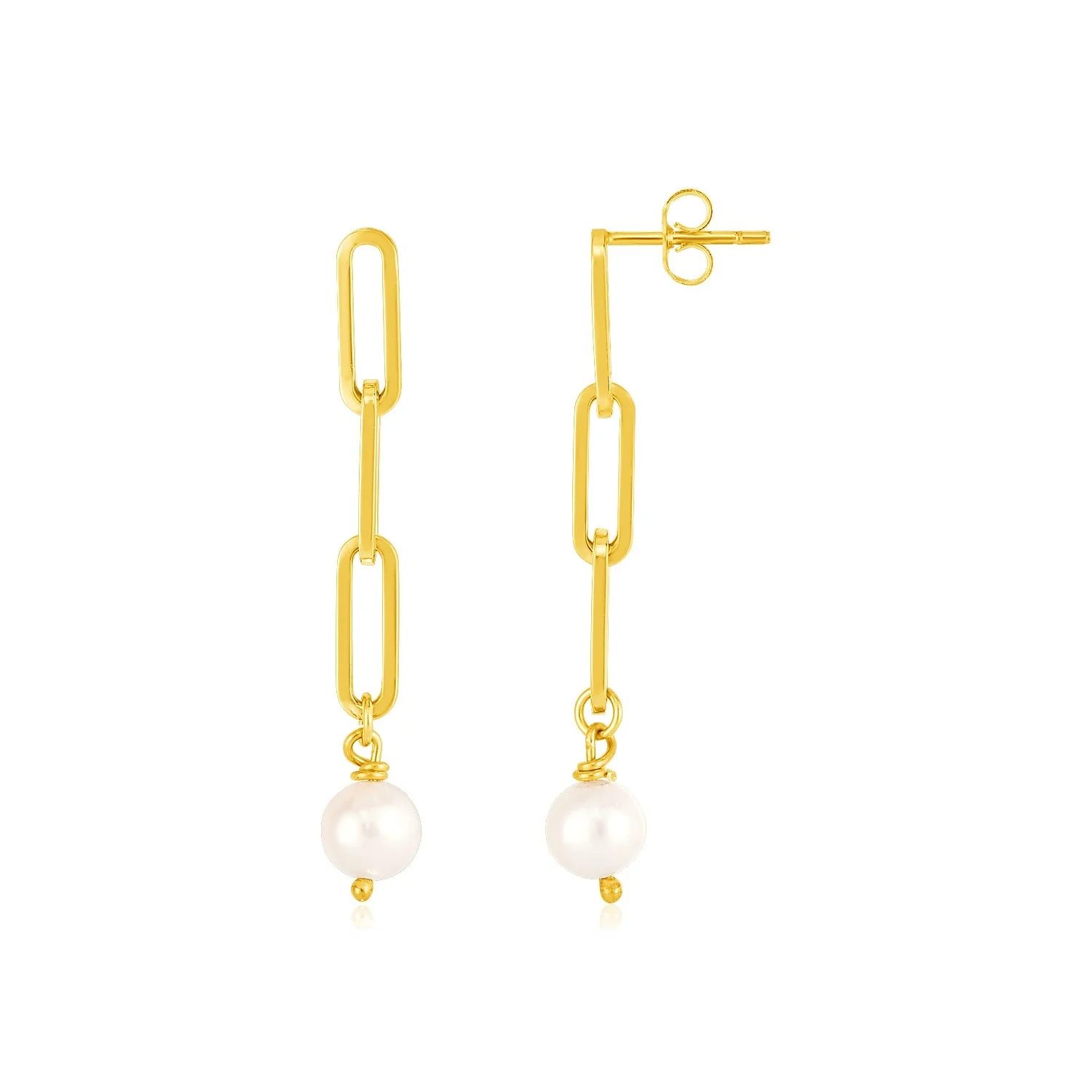 14k Yellow Gold Paperclip Chain Link Earrings with Pearls - Image 2