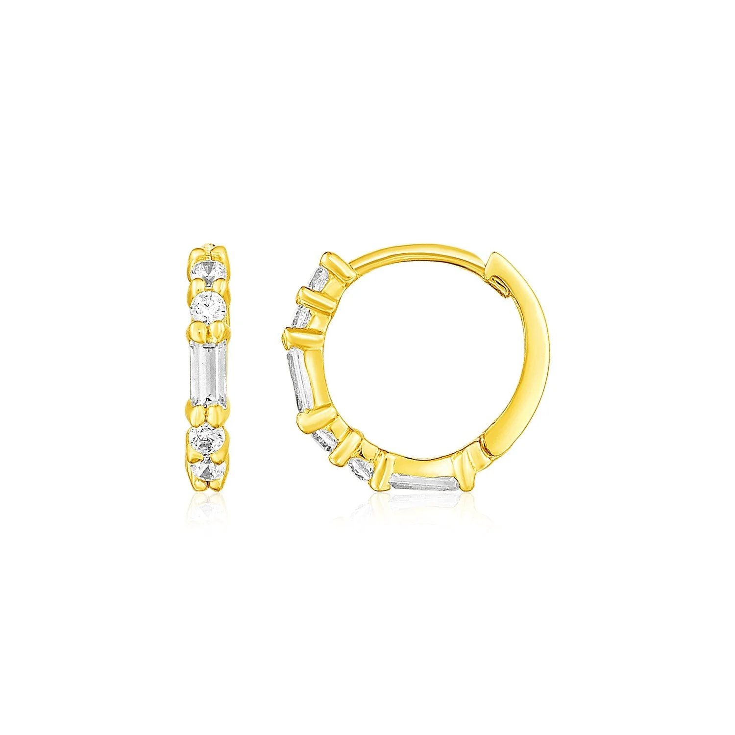 14k Yellow Gold Petite Hoop Earrings with Baguette Cubic Zirconias - Image 3