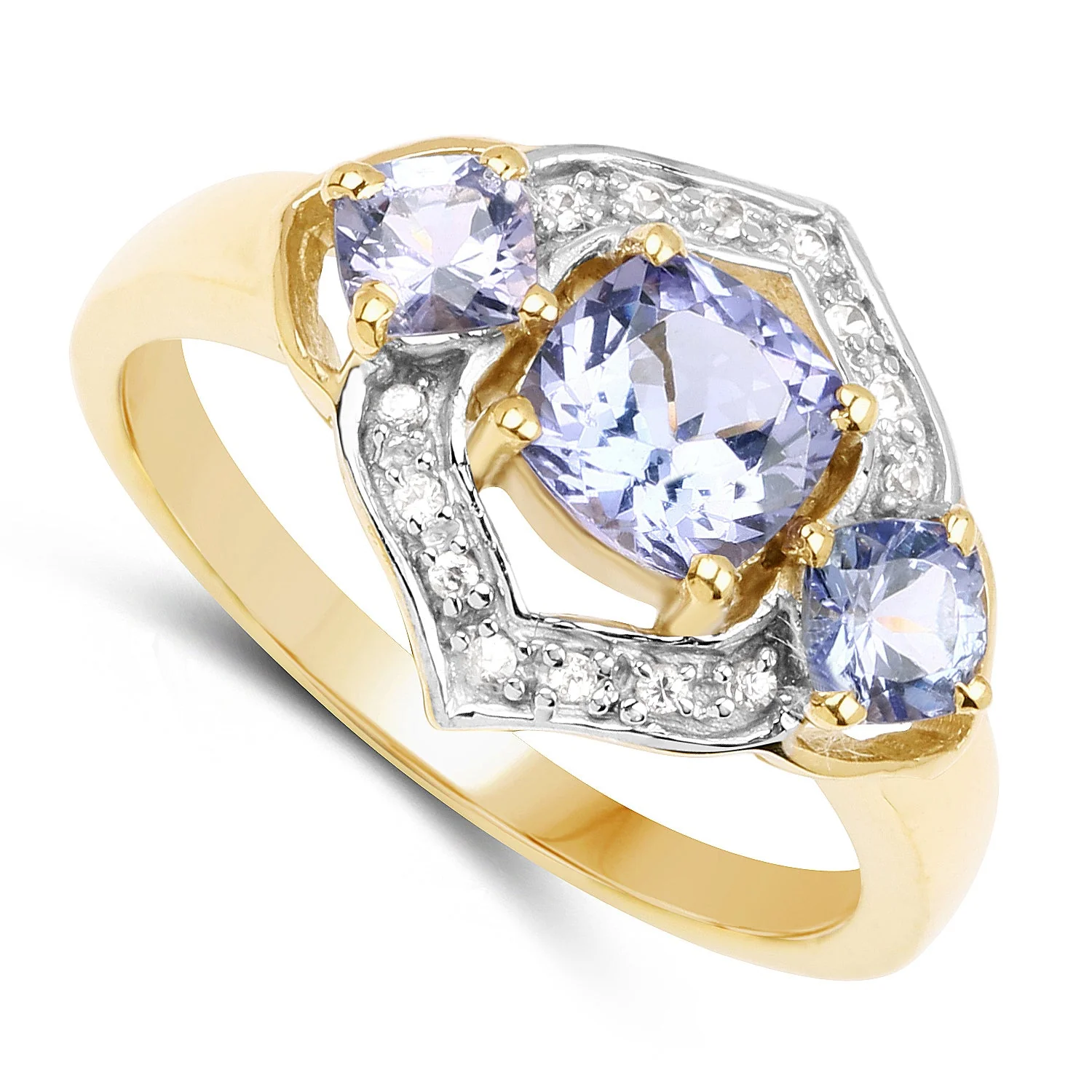 14K Yellow Gold Plated 1.58 Carat Genuine Tanzanite and White Topaz .925 Sterling Silver Ring - Image 2