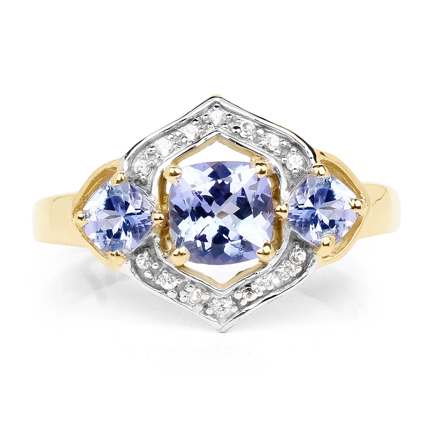 14K Yellow Gold Plated 1.58 Carat Genuine Tanzanite and White Topaz .925 Sterling Silver Ring - Image 4