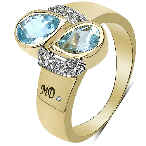 14K Yellow Gold Plated 1.86 Carat Genuine Blue Topaz, White Topaz & White Diamond .925 Sterling Silver Ring - Image 2