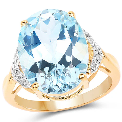 14K Yellow Gold Plated 11.32 Carat Genuine Blue Topaz and White Topaz .925 Sterling Silver Ring - Image 5