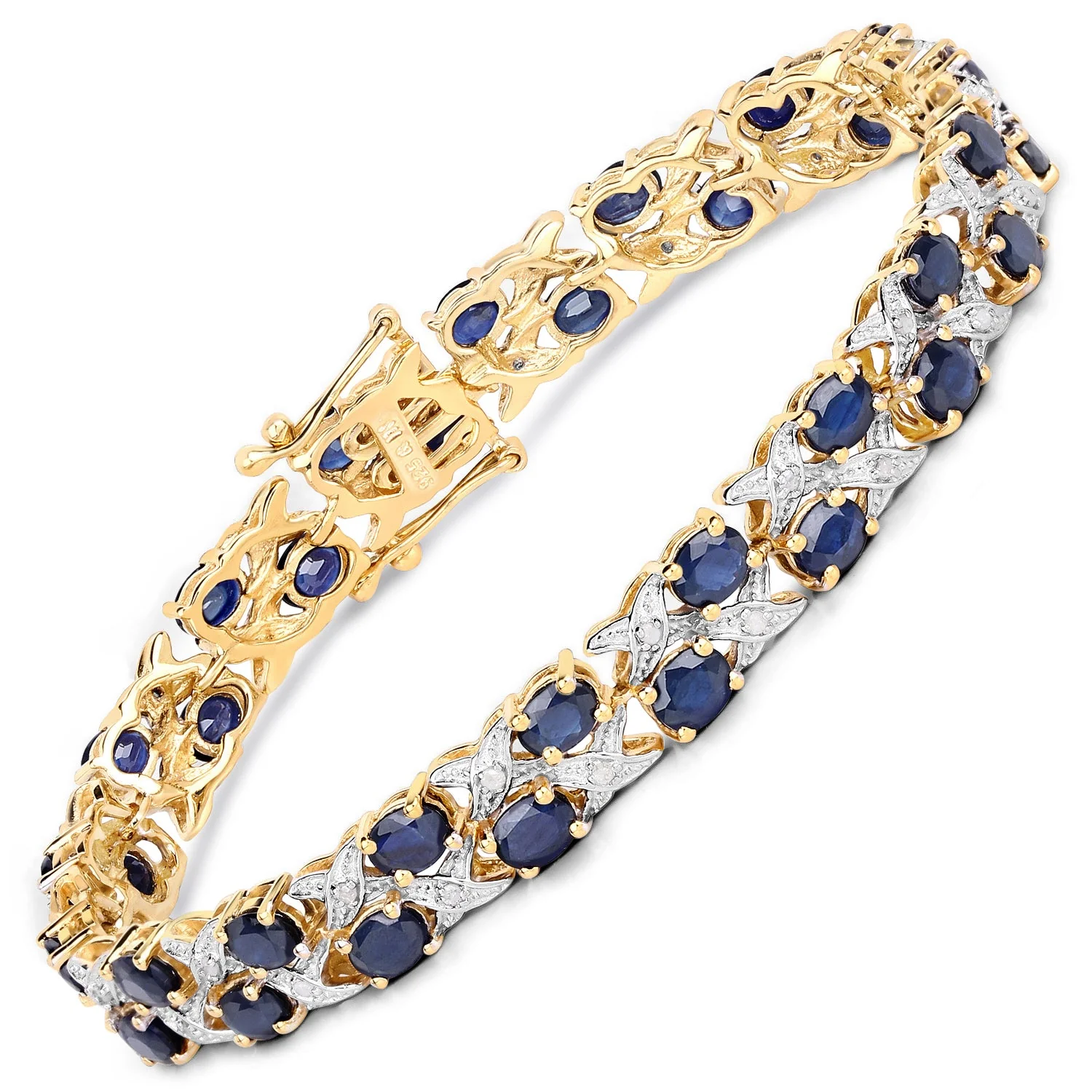 14K Yellow Gold Plated 12.53 Carat Genuine Blue Sapphire and White Diamond .925 Sterling Silver Bracelet - Image 2