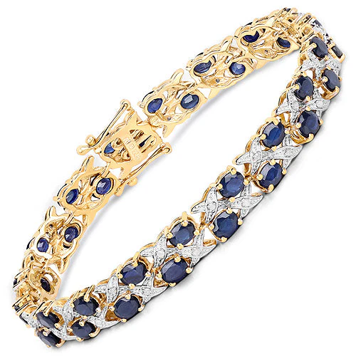 14K Yellow Gold Plated 12.53 Carat Genuine Blue Sapphire and White Diamond .925 Sterling Silver Bracelet - Image 5
