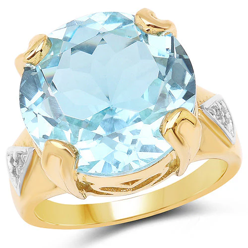 14K Yellow Gold Plated 12.98 Carat Genuine Blue Topaz and White Topaz .925 Sterling Silver Ring - Image 5