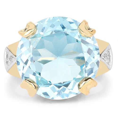 14K Yellow Gold Plated 12.98 Carat Genuine Blue Topaz and White Topaz .925 Sterling Silver Ring - Image 8
