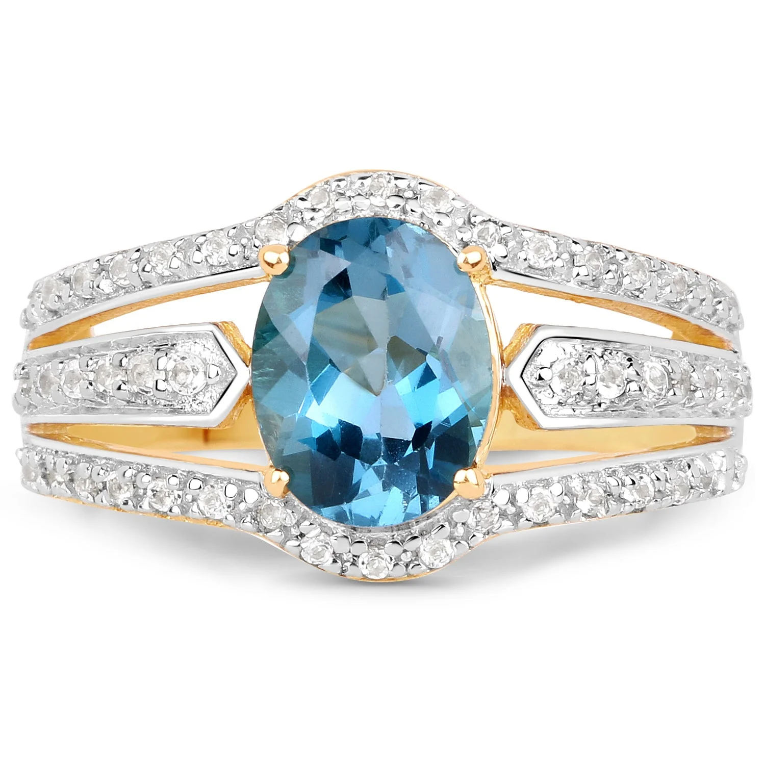 14K Yellow Gold Plated 2.30 Carat Genuine London Blue Topaz and White Topaz .925 Sterling Silver Ring - Image 4
