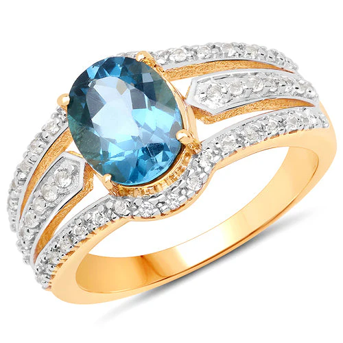 14K Yellow Gold Plated 2.30 Carat Genuine London Blue Topaz and White Topaz .925 Sterling Silver Ring - Image 5