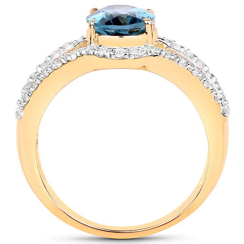 14K Yellow Gold Plated 2.30 Carat Genuine London Blue Topaz and White Topaz .925 Sterling Silver Ring - Image 6
