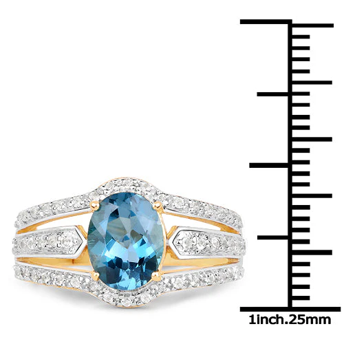 14K Yellow Gold Plated 2.30 Carat Genuine London Blue Topaz and White Topaz .925 Sterling Silver Ring - Image 7