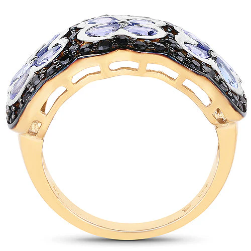 14K Yellow Gold Plated 2.60 Carat Genuine Tanzanite and Black Spinel .925 Sterling Silver Ring - Image 5