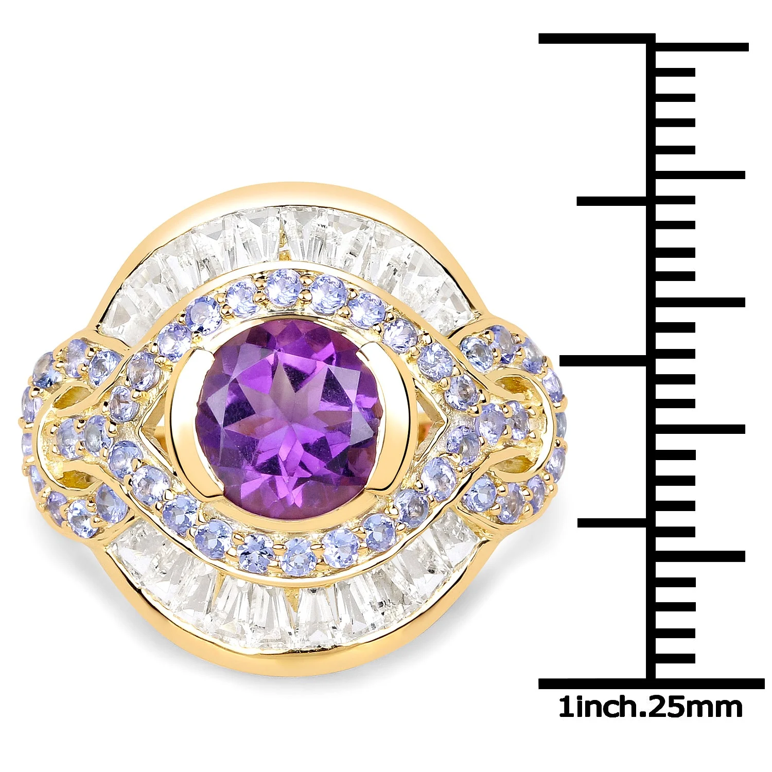 14K Yellow Gold Plated 3.93 Carat Genuine Amethyst, Tanzanite and White Topaz .925 Sterling Silver Ring - Image 3