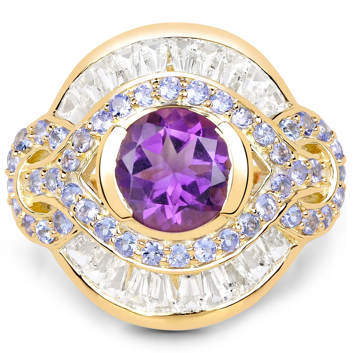 14K Yellow Gold Plated 3.93 Carat Genuine Amethyst, Tanzanite and White Topaz .925 Sterling Silver Ring - Image 4