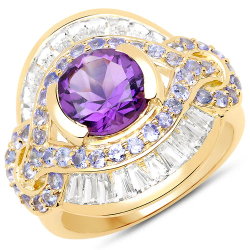 14K Yellow Gold Plated 3.93 Carat Genuine Amethyst, Tanzanite and White Topaz .925 Sterling Silver Ring - Image 5