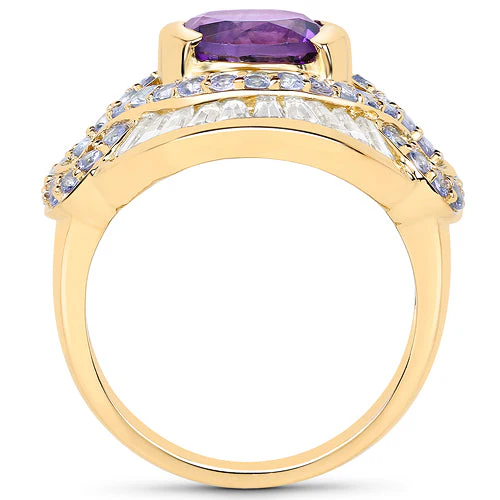 14K Yellow Gold Plated 3.93 Carat Genuine Amethyst, Tanzanite and White Topaz .925 Sterling Silver Ring - Image 6