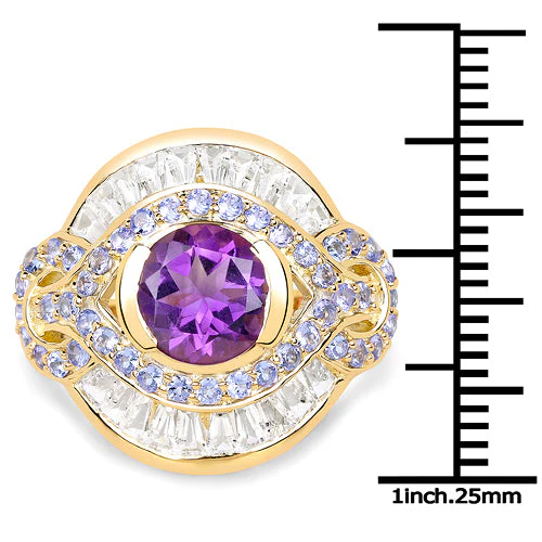 14K Yellow Gold Plated 3.93 Carat Genuine Amethyst, Tanzanite and White Topaz .925 Sterling Silver Ring - Image 7