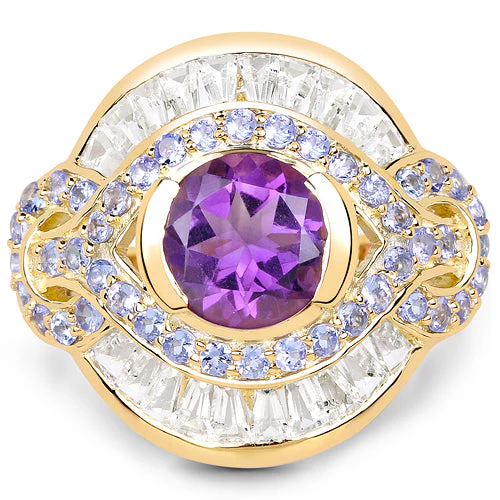 14K Yellow Gold Plated 3.93 Carat Genuine Amethyst, Tanzanite and White Topaz .925 Sterling Silver Ring - Image 8