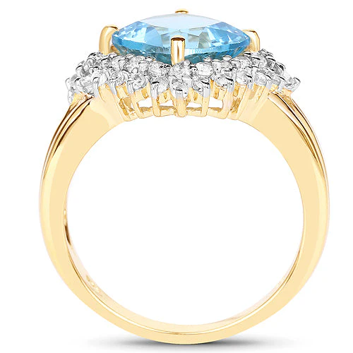 14K Yellow Gold Plated 4.33 Carat Genuine Swiss Blue Topaz and White Topaz .925 Sterling Silver Ring - Image 7