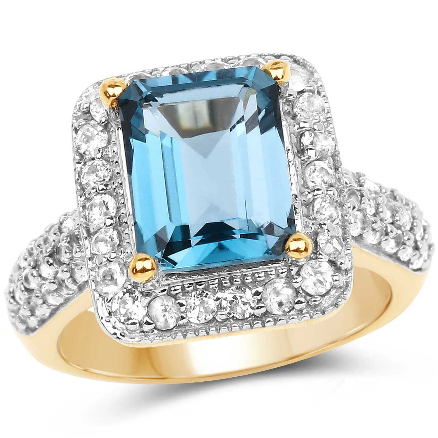 14K Yellow Gold Plated 5.03 Carat Genuine London Blue Topaz and White Topaz .925 Sterling Silver Ring - Image 2