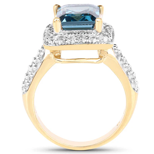 14K Yellow Gold Plated 5.03 Carat Genuine London Blue Topaz and White Topaz .925 Sterling Silver Ring - Image 6