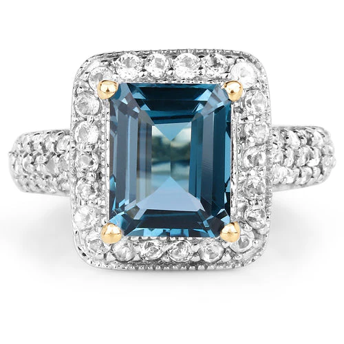 14K Yellow Gold Plated 5.03 Carat Genuine London Blue Topaz and White Topaz .925 Sterling Silver Ring - Image 7