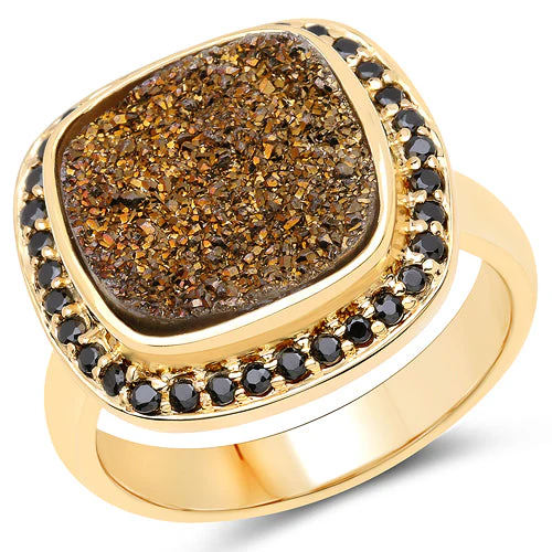 14K Yellow Gold Plated 6.19 Carat Genuine Drusy Quartz and Black Spinel .925 Sterling Silver Ring - Image 5