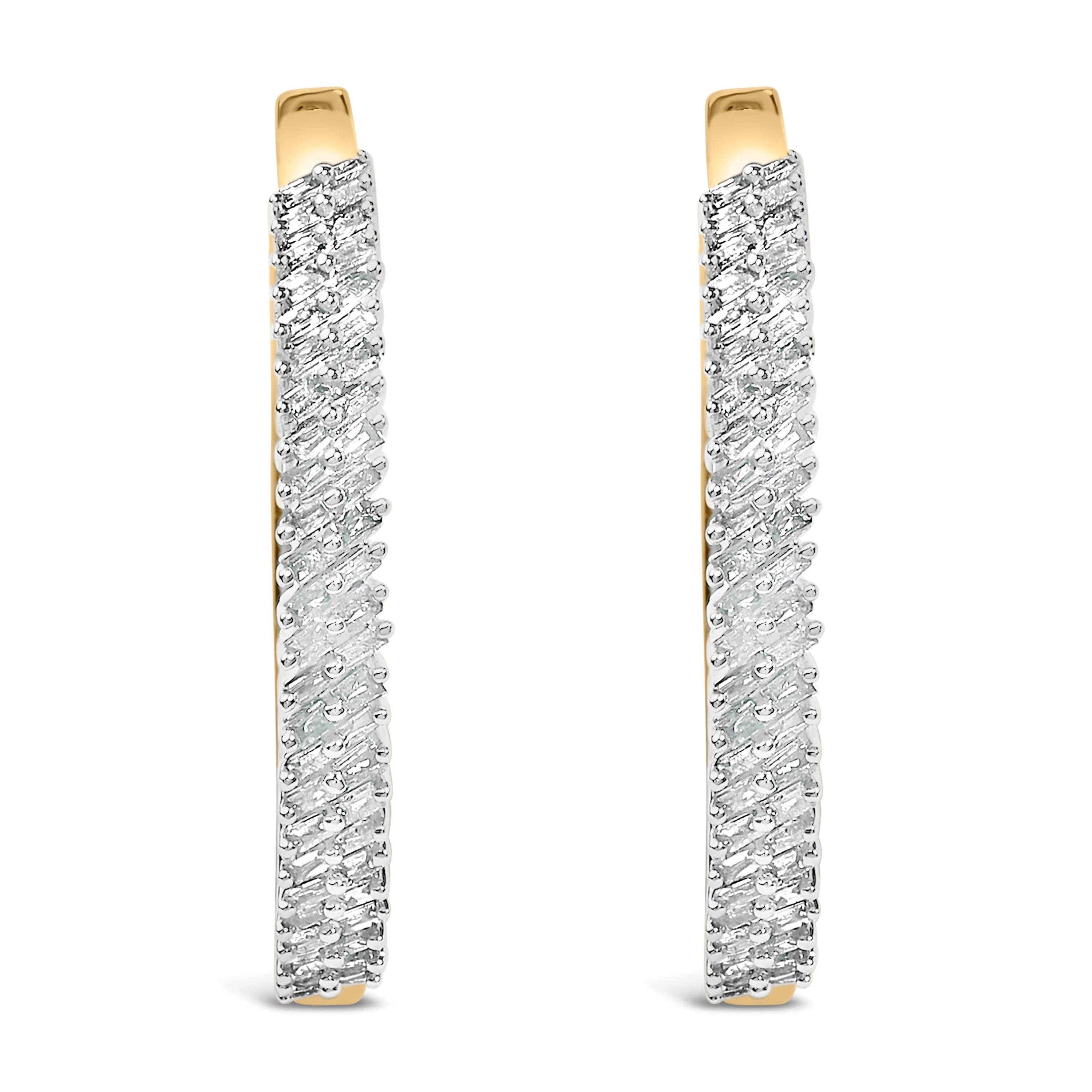 14K Yellow Gold Plated .925 Sterling Silver 1.0 Cttw Baguette Diamond Hoop Earrings - Image 2