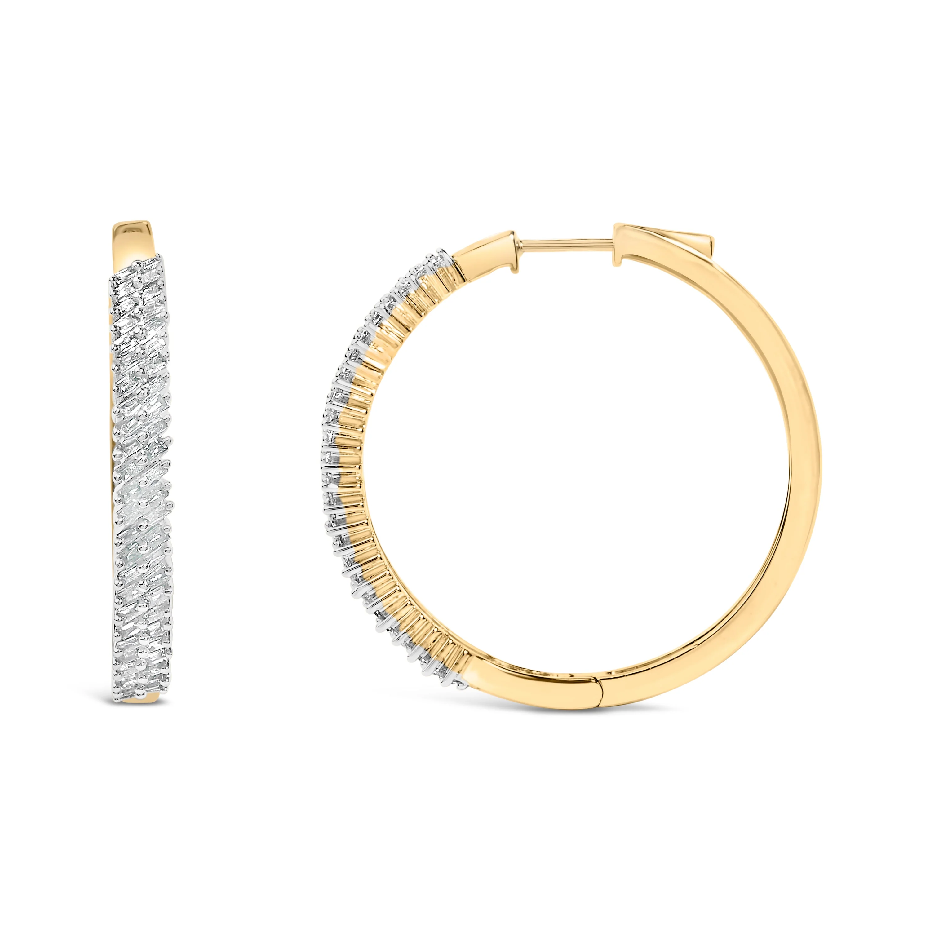 14K Yellow Gold Plated .925 Sterling Silver 1.0 Cttw Baguette Diamond Hoop Earrings - Image 3