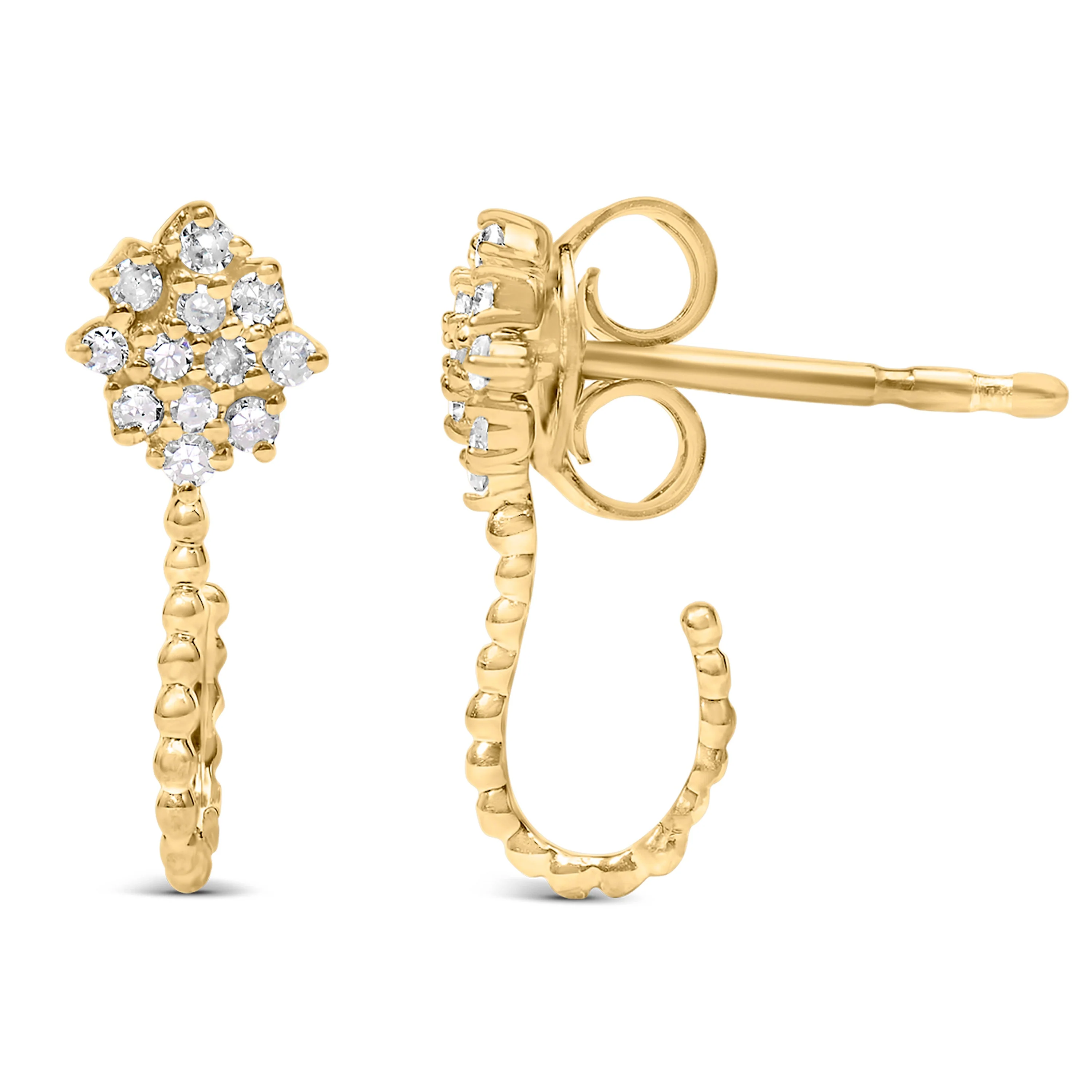 14K Yellow Gold Plated .925 Sterling Silver 1/10 Cttw Diamond Floral Cluster and Beaded Hoop Stud Earrings (H-I Color, I1-I2 Clarity) - Image 3