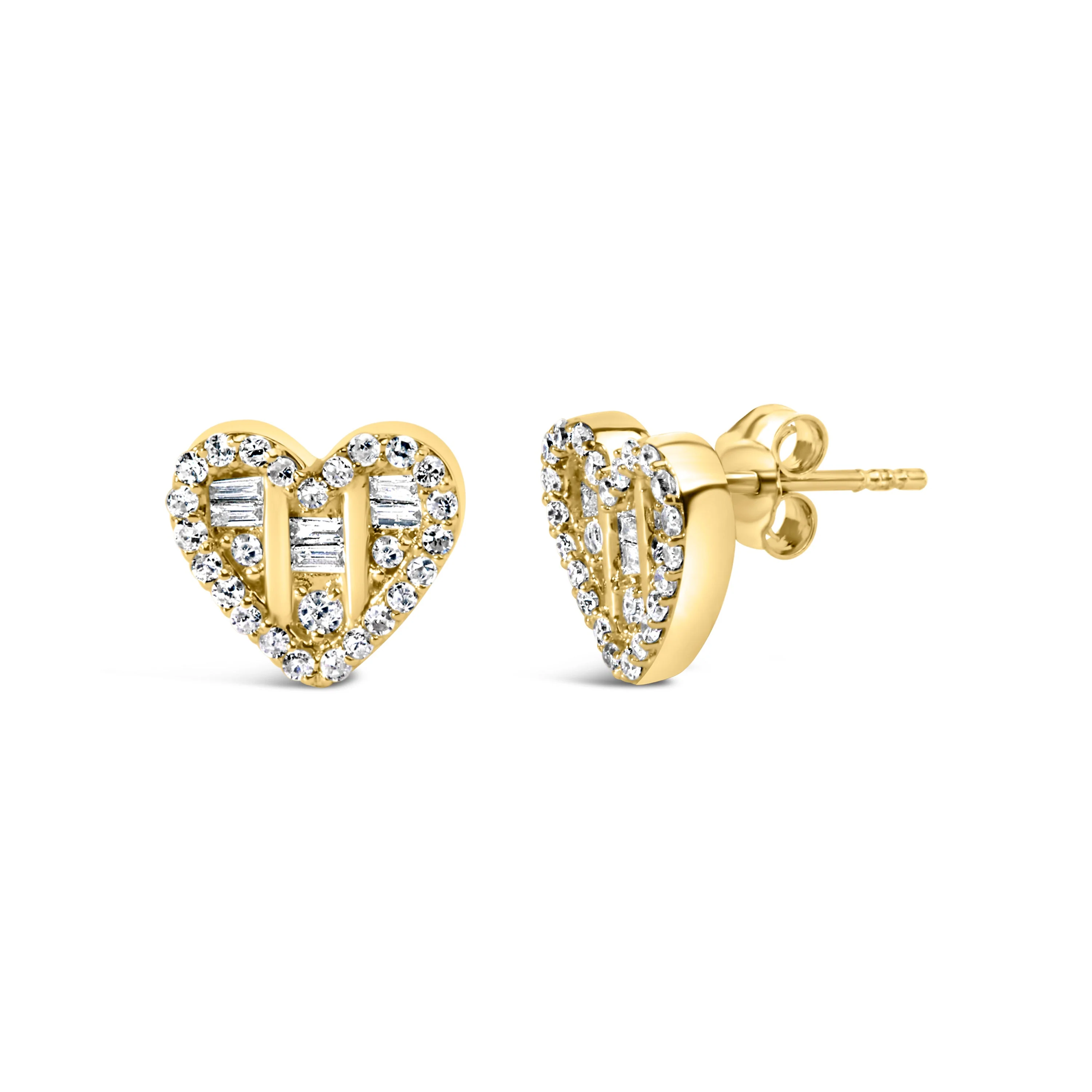 14K Yellow Gold Plated .925 Sterling Silver 1/2 Cttw Round and Baguette Diamond Composite Heart Shaped Stud Earring (I-J Color, SI2-I1 Clarity) - Image 3
