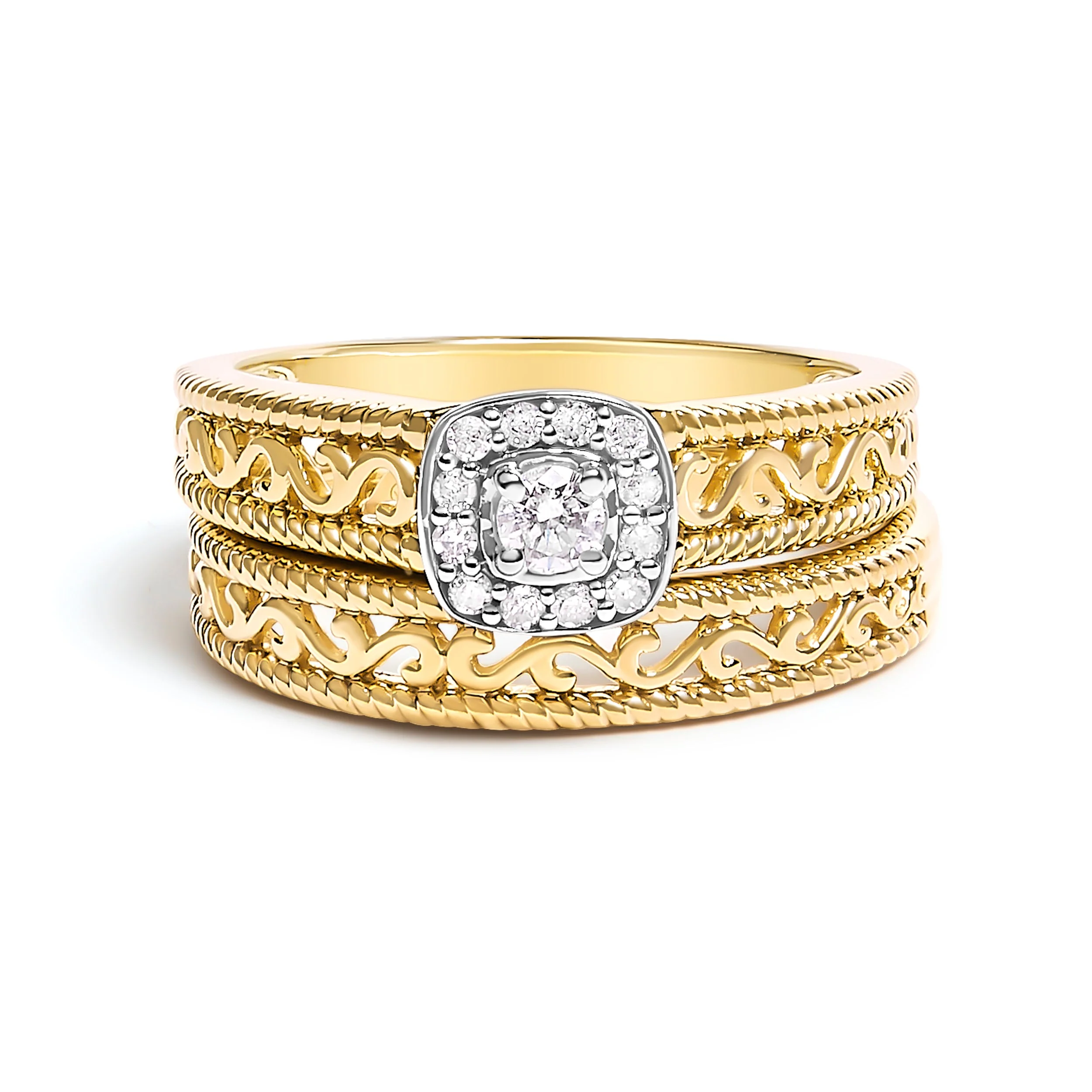 14K Yellow Gold Plated .925 Sterling Silver 1/5 Cttw Diamond Halo and Milgrain Finish Engagement Ring Bridal Set (I-J Color I3 Clarity) - Size 7 - Image 6