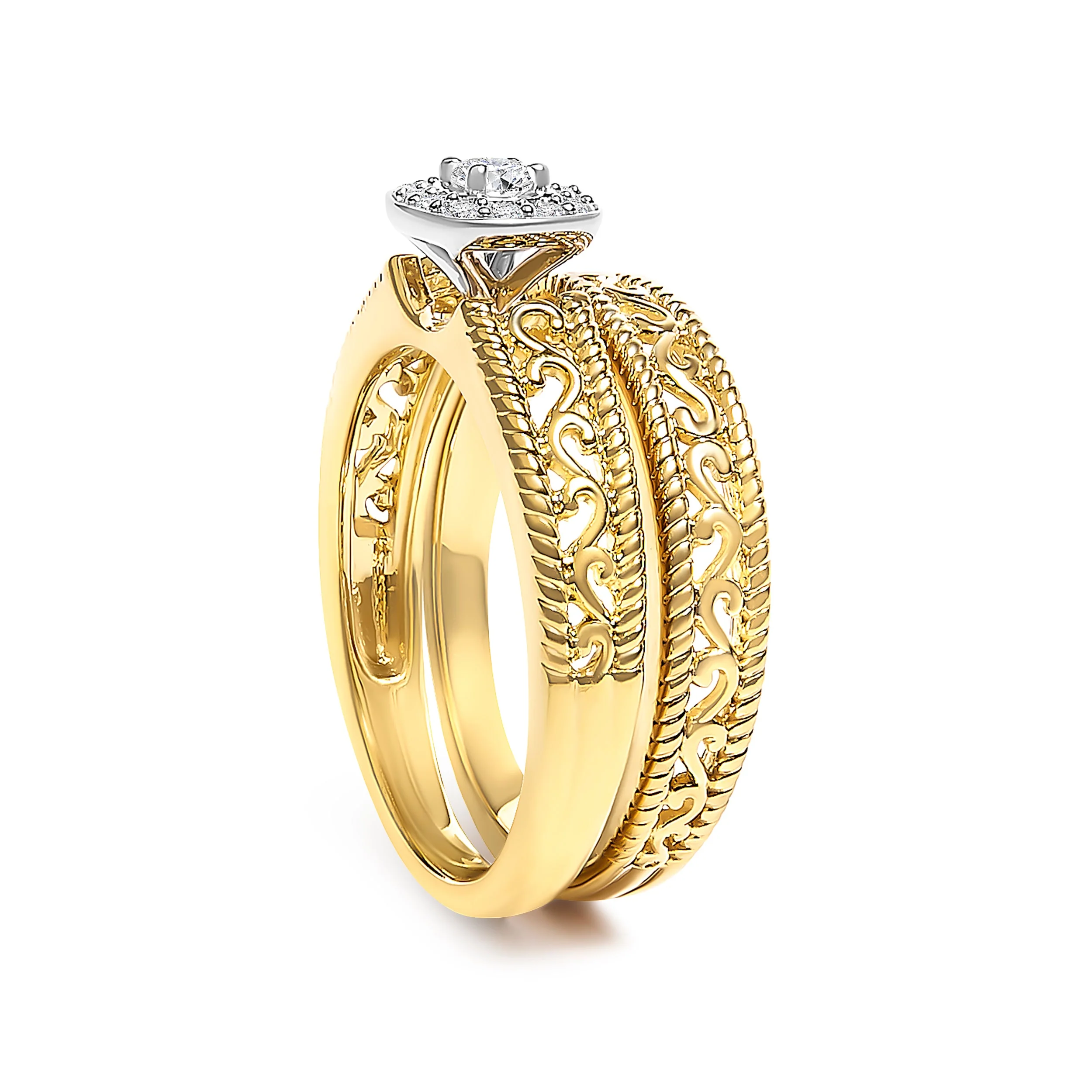 14K Yellow Gold Plated .925 Sterling Silver 1/5 Cttw Diamond Halo and Milgrain Finish Engagement Ring Bridal Set (I-J Color I3 Clarity) - Size 7 - Image 9