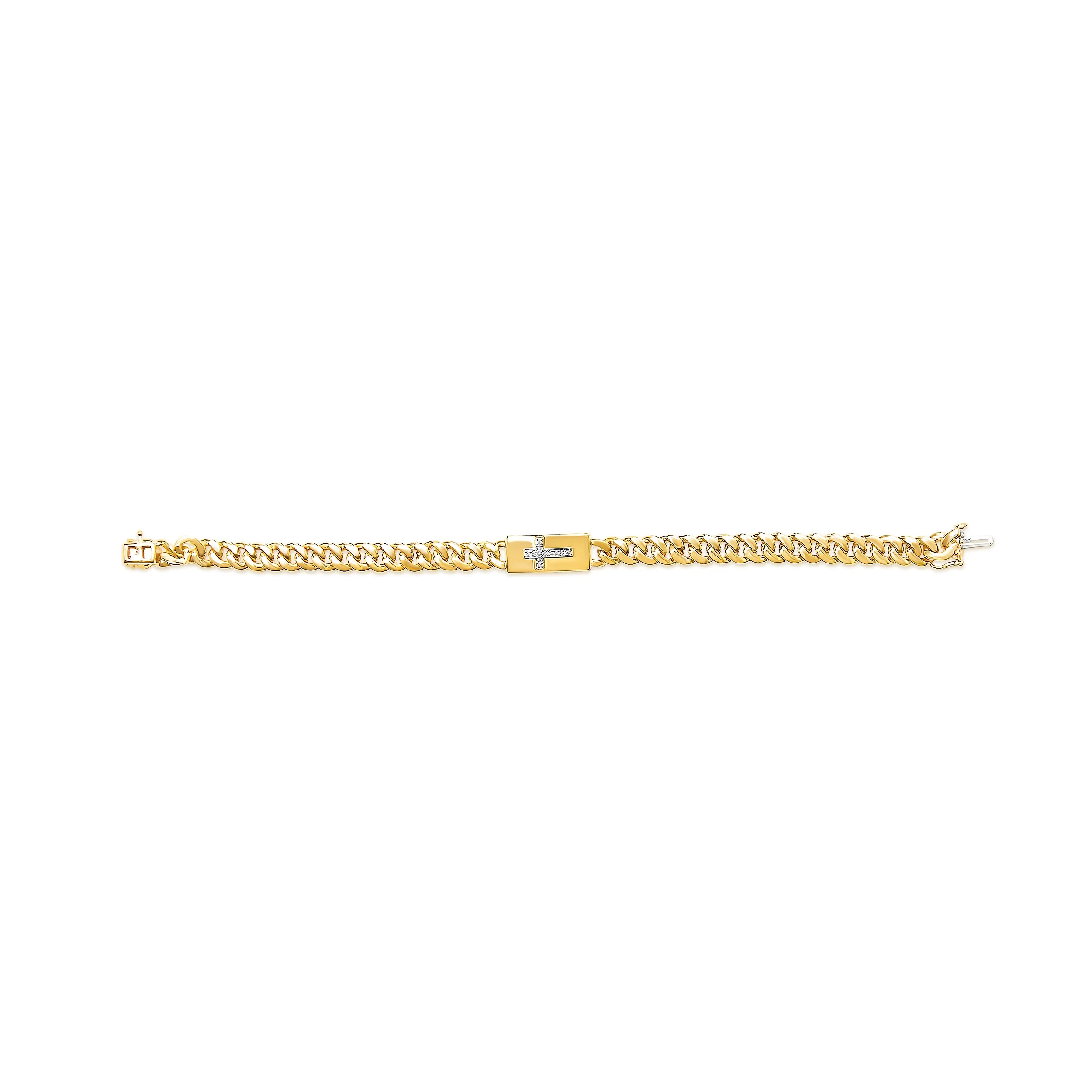 14K Yellow Gold Plated .925 Sterling Silver Diamond Accent Inlaid Cross Cuban Link Bracelet (I-J Color, I3 Clarity)-  7.25" - Image 3