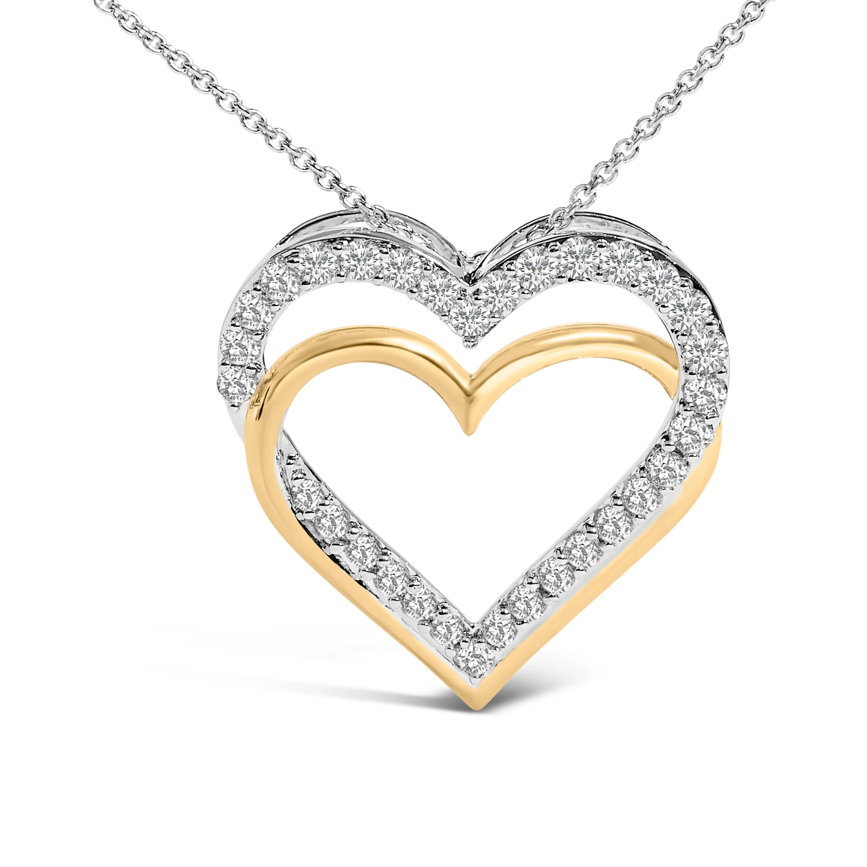 14K Yellow Gold Plated Sterling Silver 1.00 Cttw Diamond Double Heart Pendant Necklace - Image 2