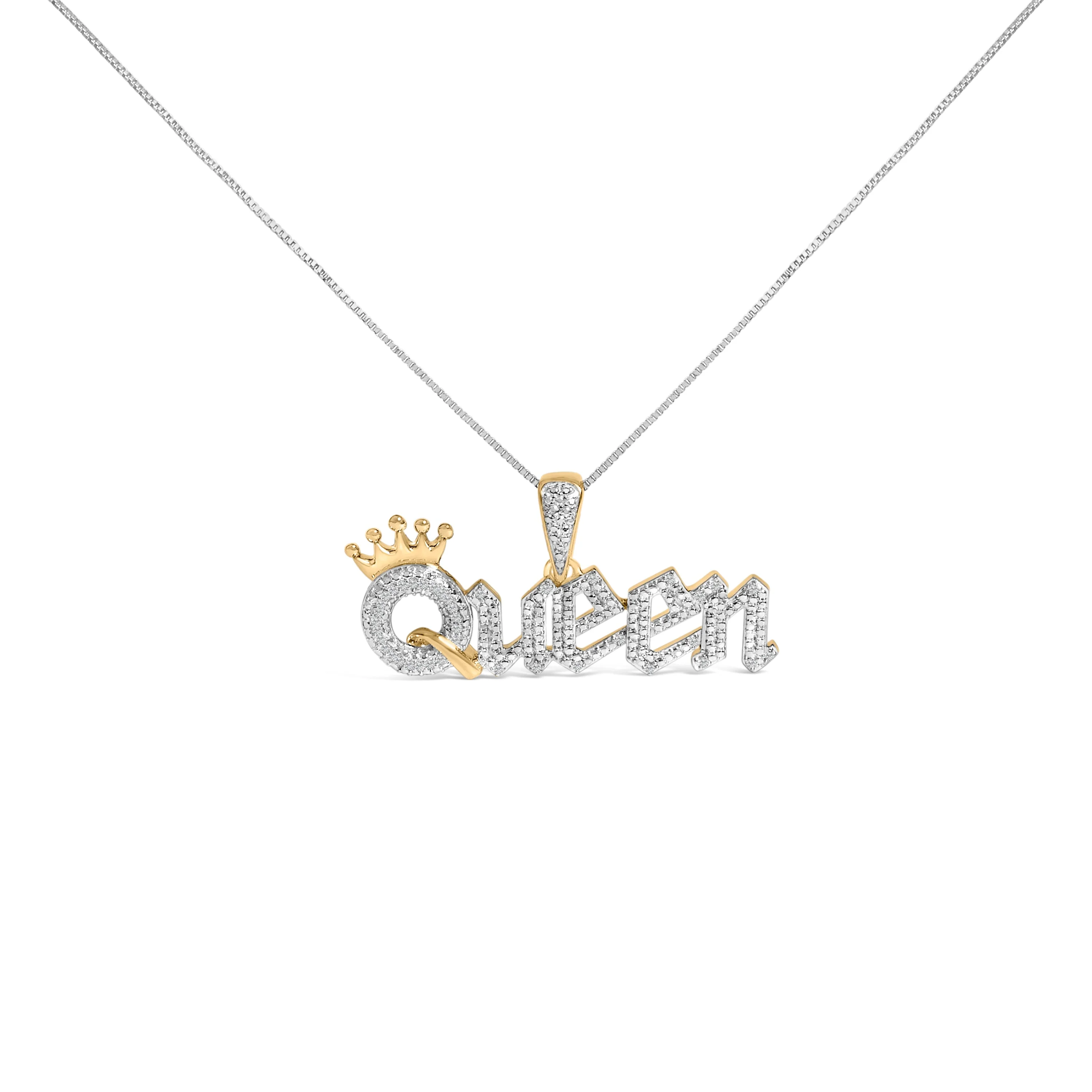 14K Yellow Gold Plated Sterling Silver 1/10 Cttw Diamond “Queen†Nameplate Pendant Necklace
