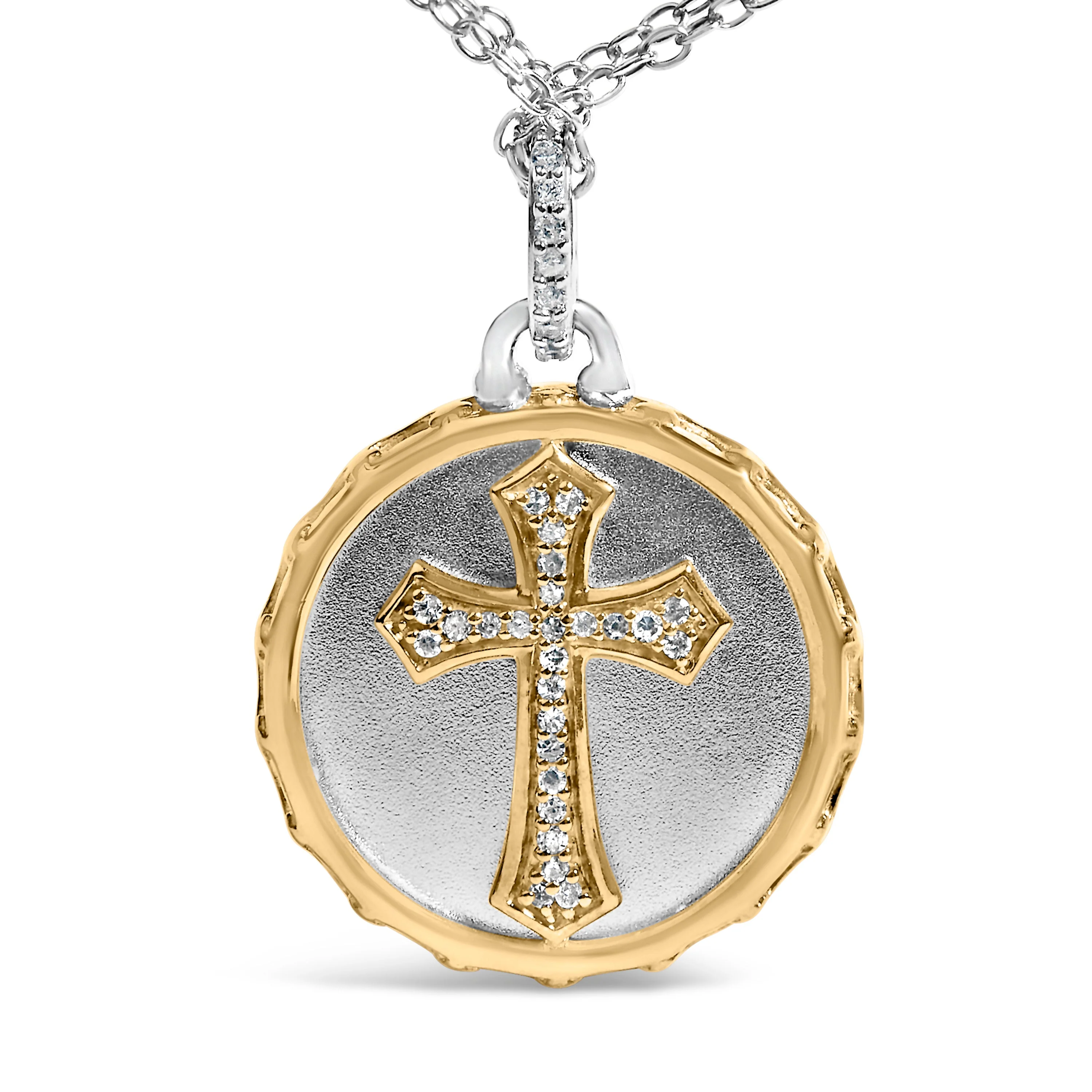 14K Yellow Gold Plated Sterling Silver 1/10 Cttw Diamond Cross Medallion Pendant Necklace - Image 2
