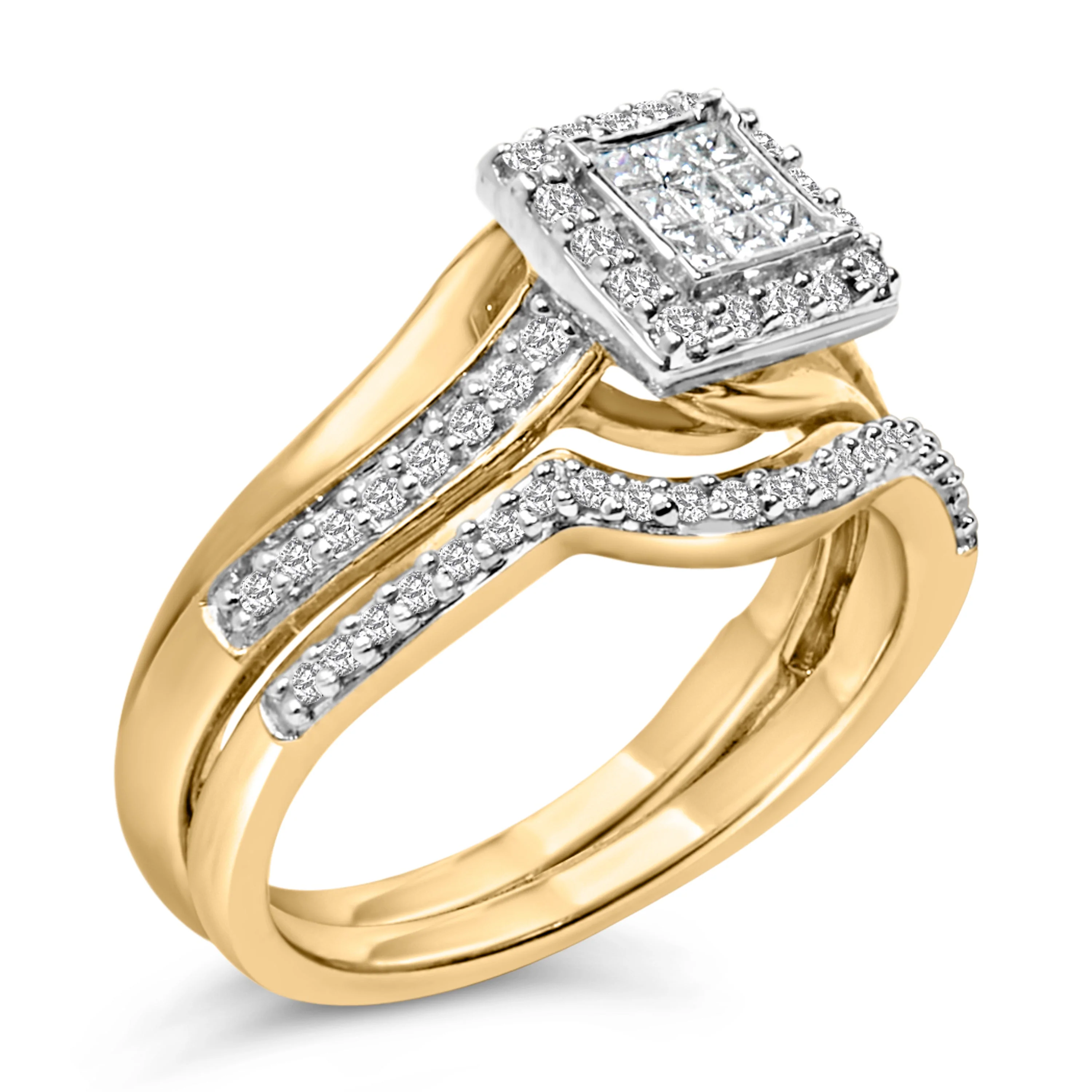 14K Yellow Gold Plated Sterling Silver 1/2 Cttw Princess Square Diamond Bridal Set - Image 3