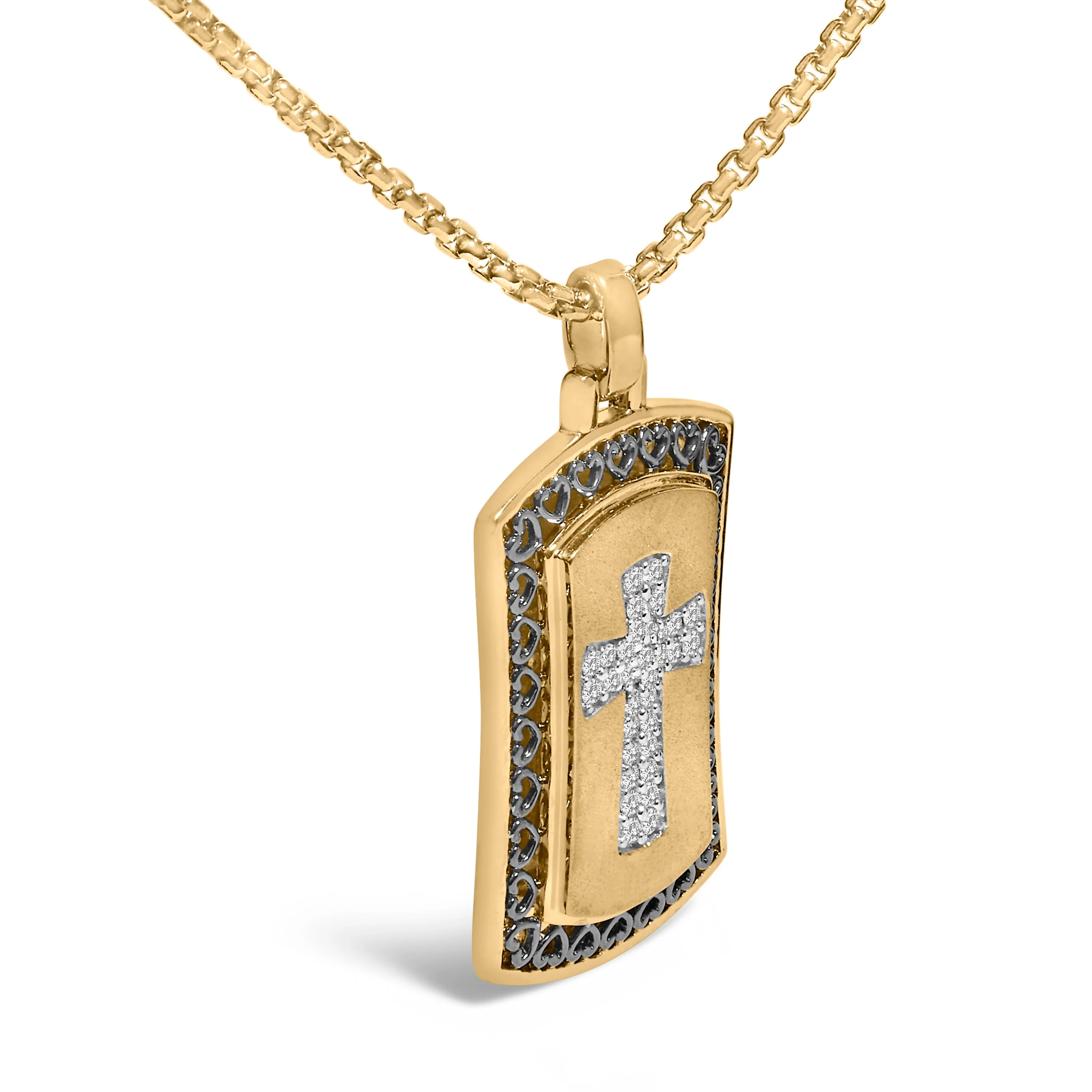 14K Yellow Gold Plated Sterling Silver 1/4 Cttw Diamond Cross Dog Tag Pendant Necklace - Image 3
