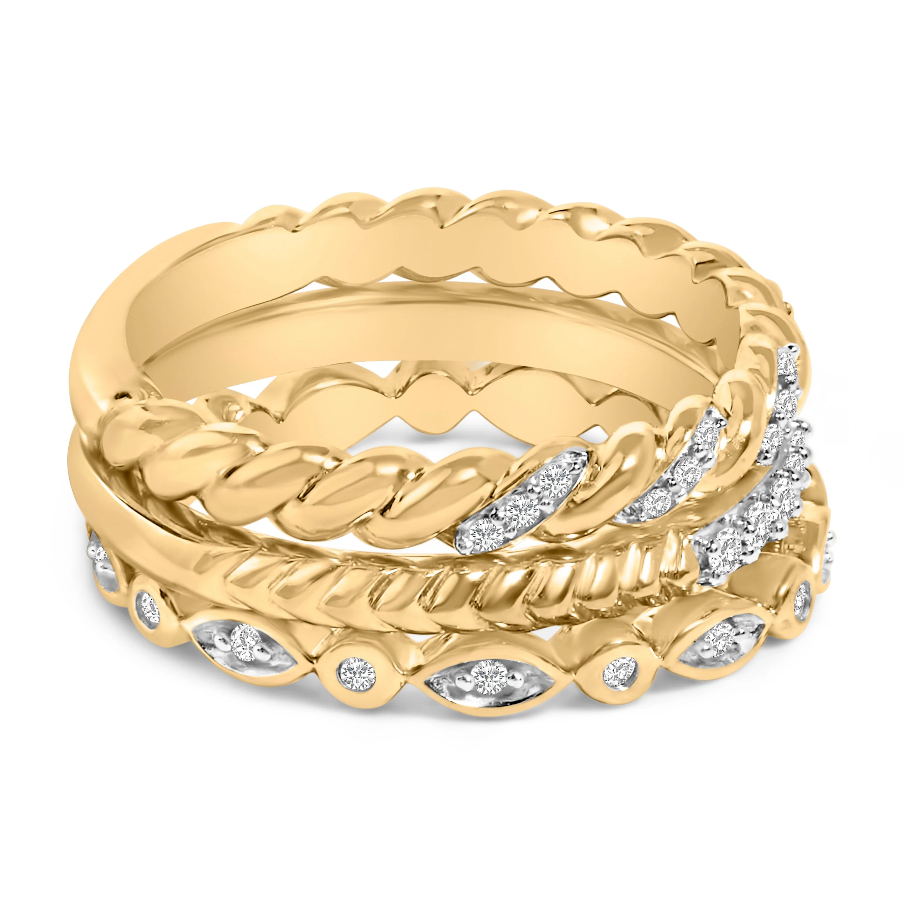 14K Yellow Gold Plated Sterling Silver 1/4 Cttw Diamond Twist Leaf Stackable Ring Set - Image 2