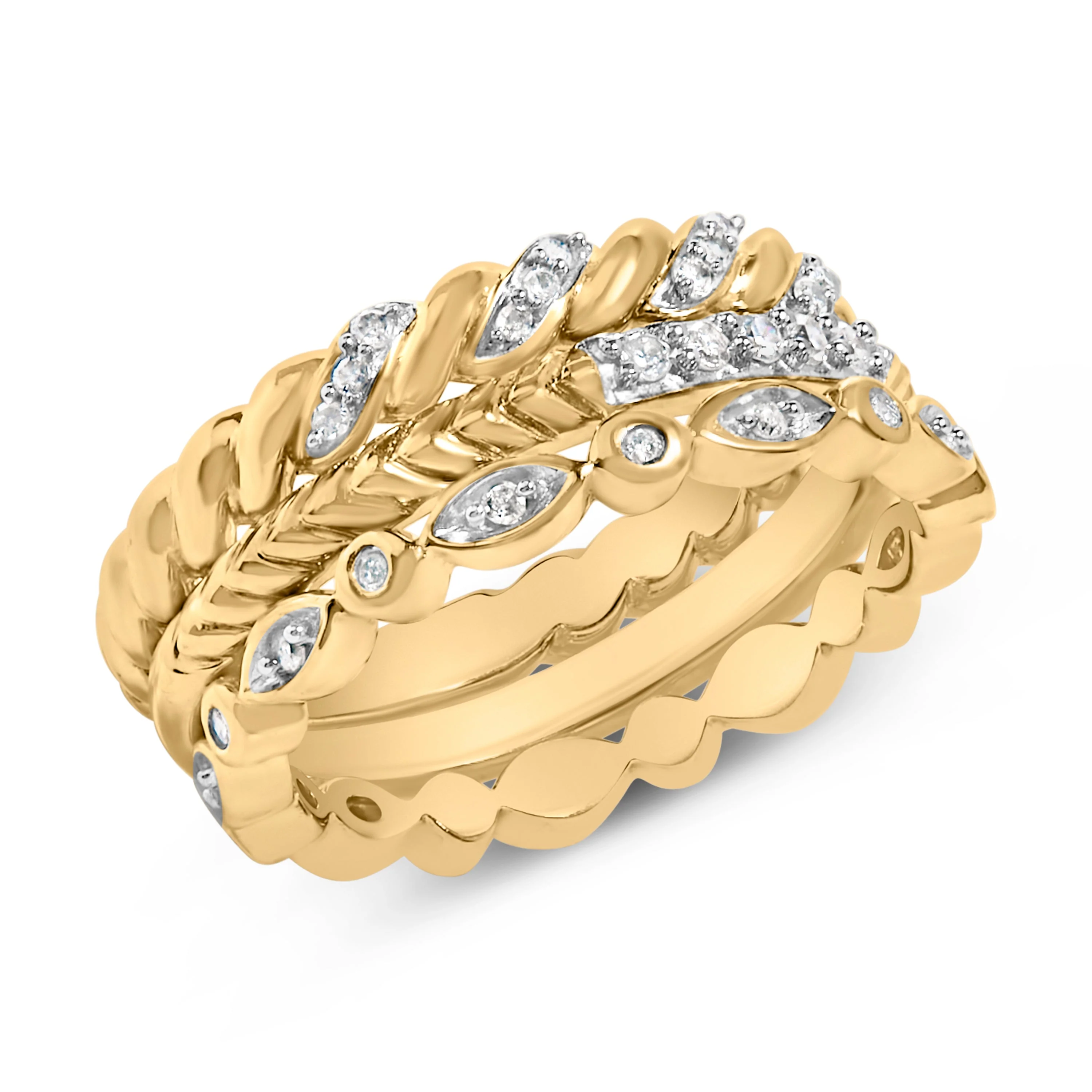 14K Yellow Gold Plated Sterling Silver 1/4 Cttw Diamond Twist Leaf Stackable Ring Set - Image 3