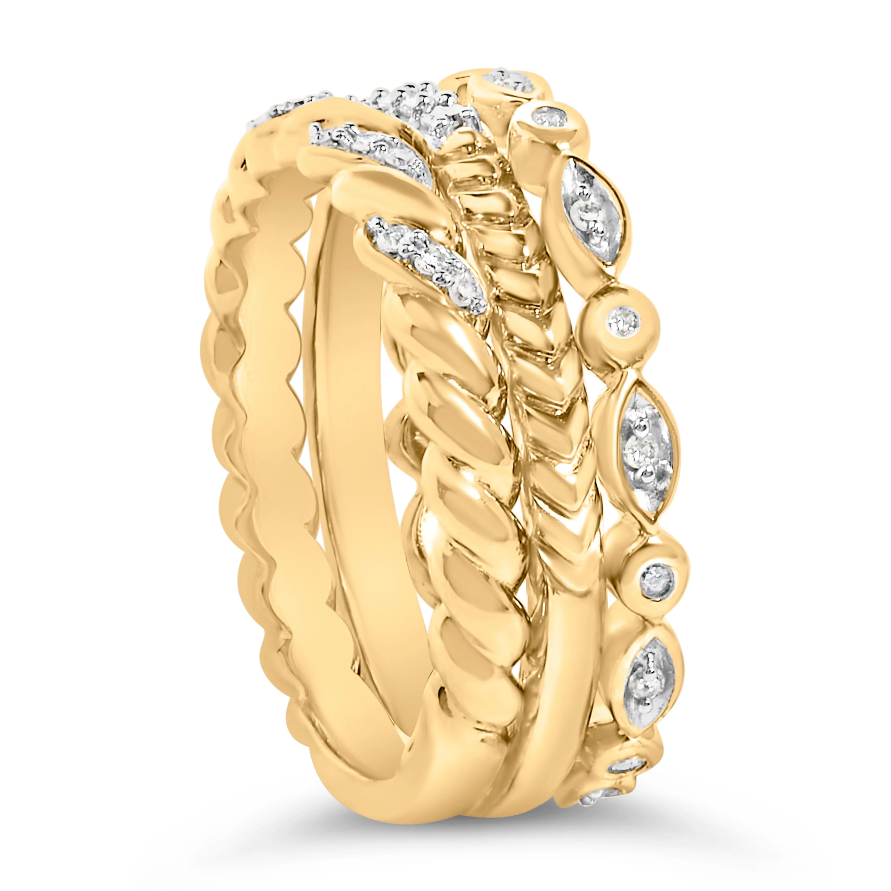 14K Yellow Gold Plated Sterling Silver 1/4 Cttw Diamond Twist Leaf Stackable Ring Set - Image 4