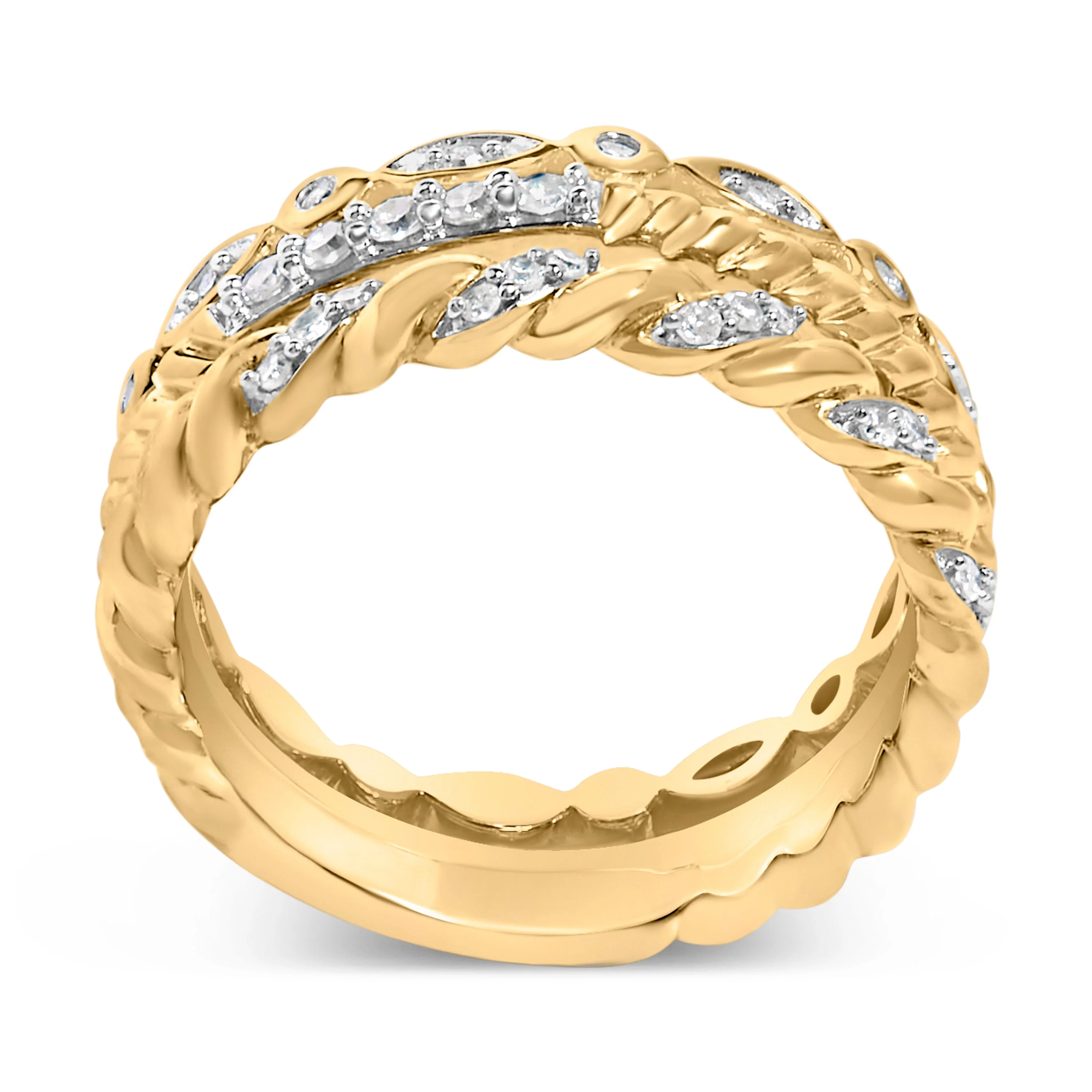 14K Yellow Gold Plated Sterling Silver 1/4 Cttw Diamond Twist Leaf Stackable Ring Set - Image 5