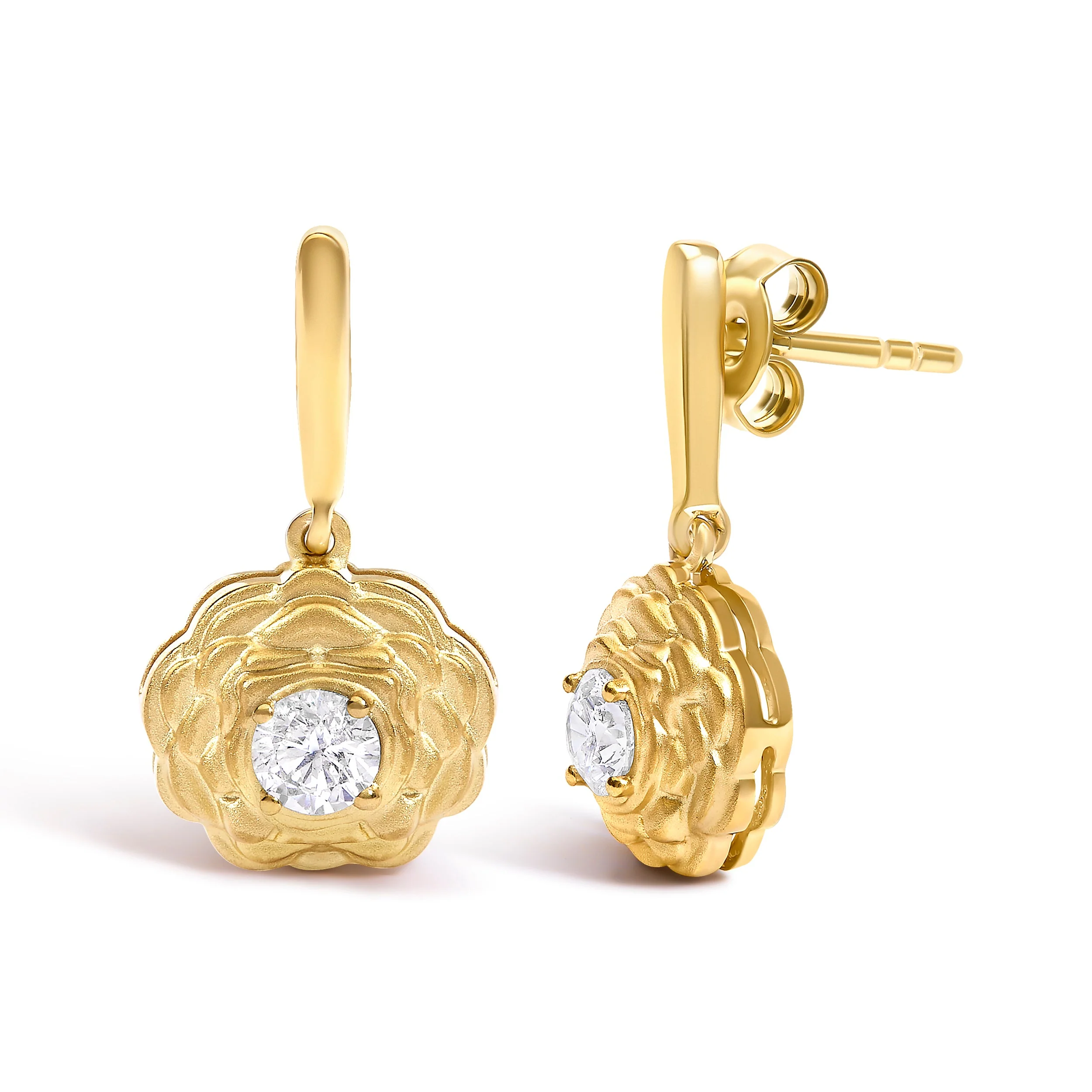 14K Yellow Gold Plated Sterling Silver 5/8 Cttw Lab Grown Diamond Flower Drop Earrings - Image 2