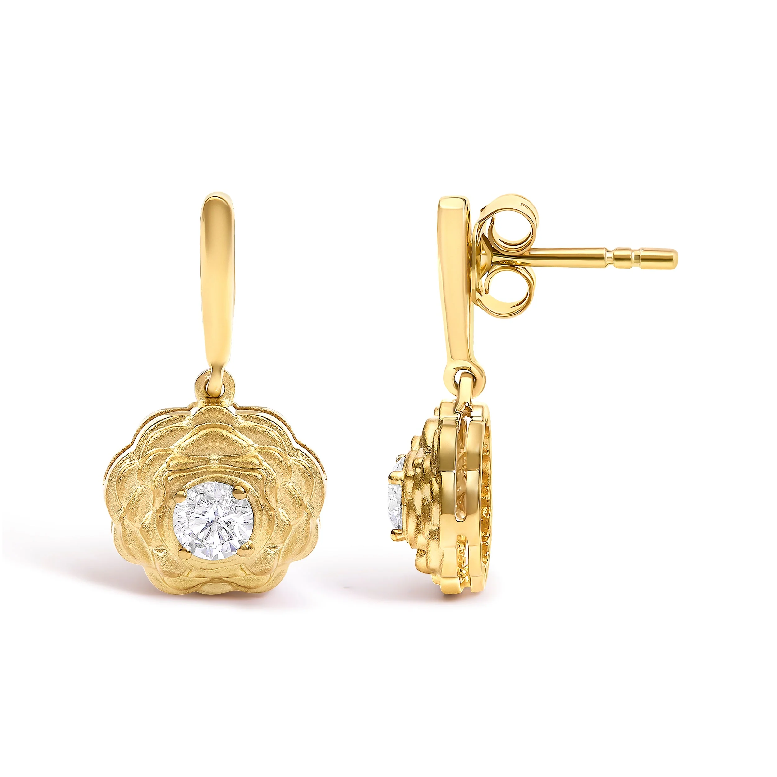 14K Yellow Gold Plated Sterling Silver 5/8 Cttw Lab Grown Diamond Flower Drop Earrings - Image 3