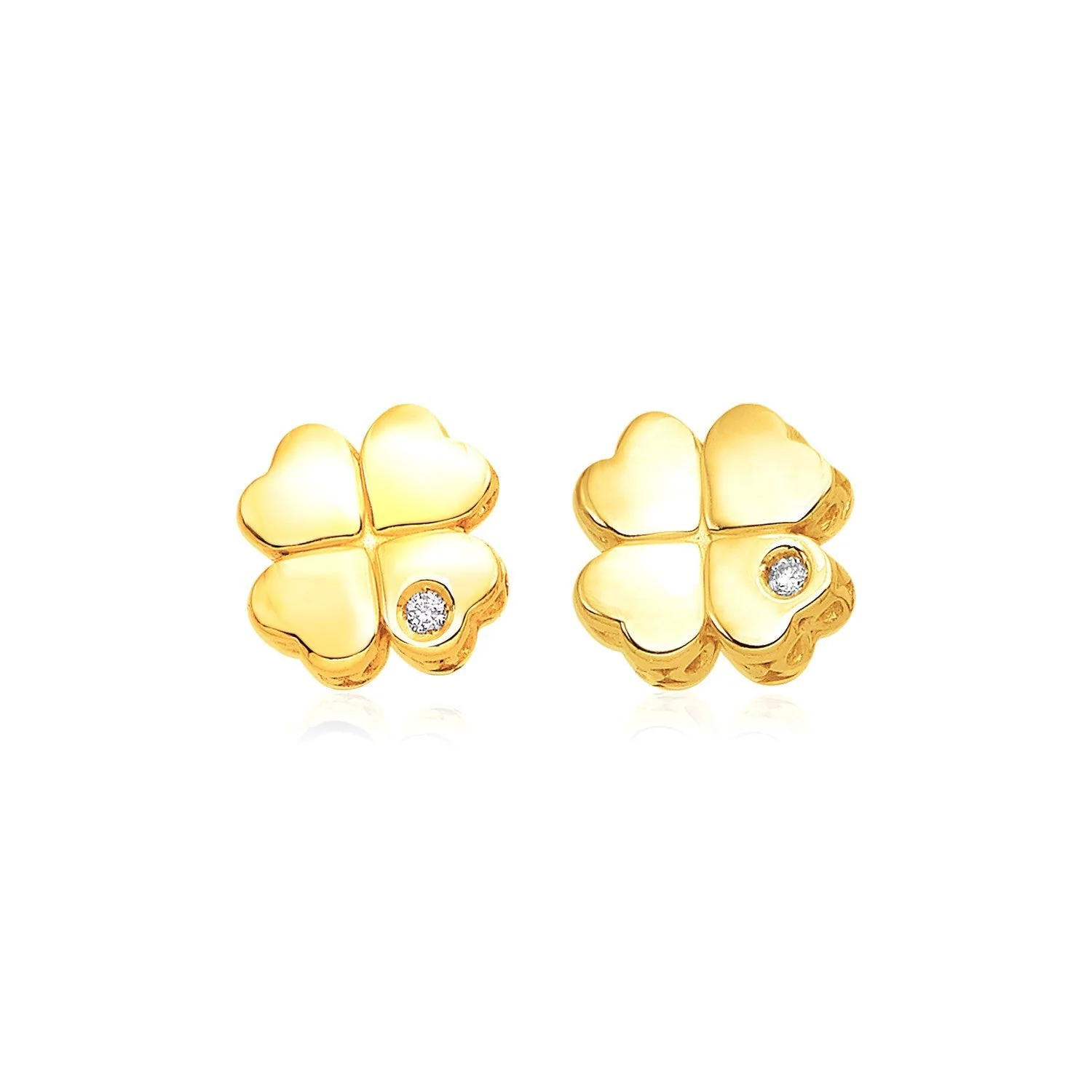 14k Yellow Gold Polished Four Leaf Clover Earrings with Diamonds