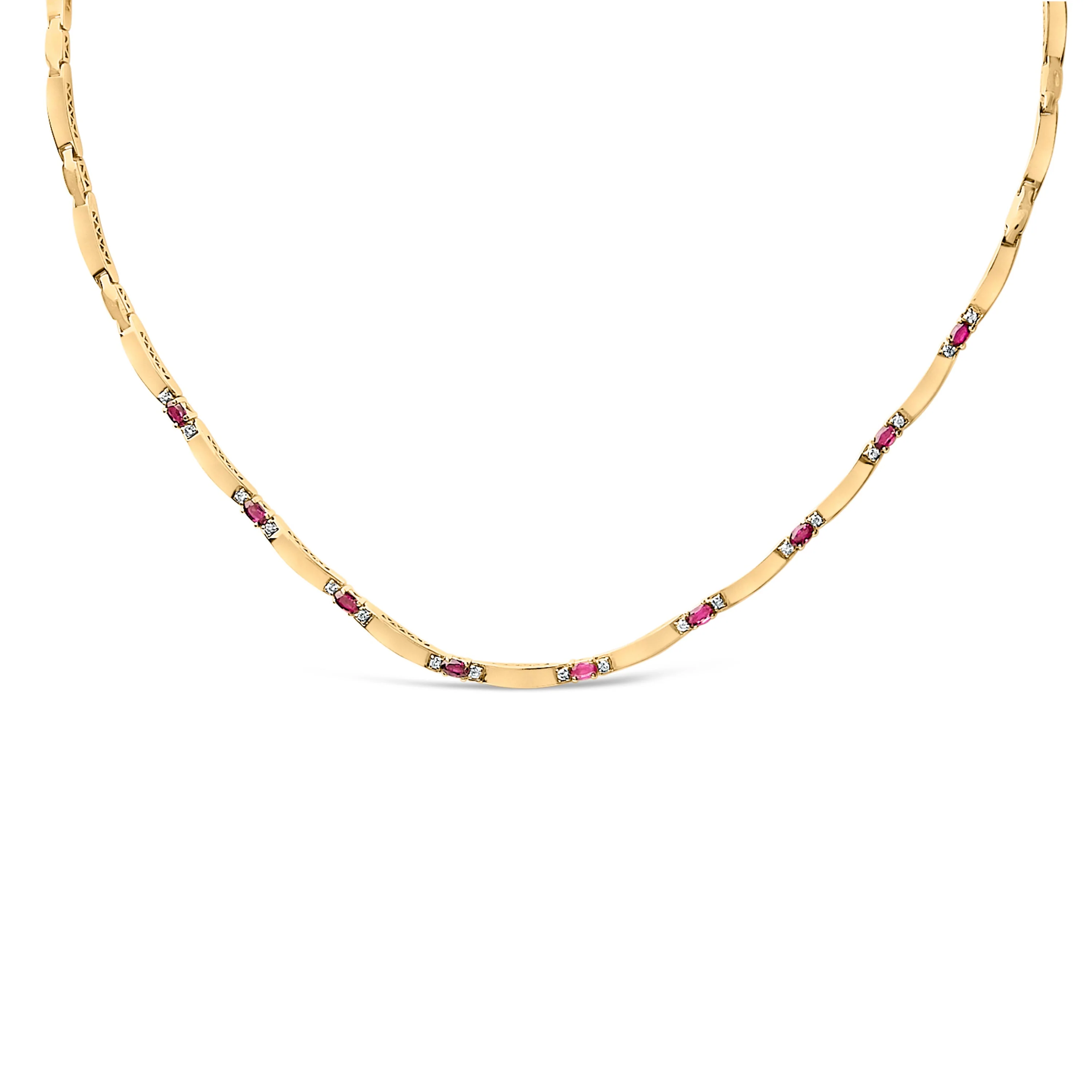 14K Yellow Gold Red Ruby and 3/8 Cttw Diamond Alternating Link Necklace