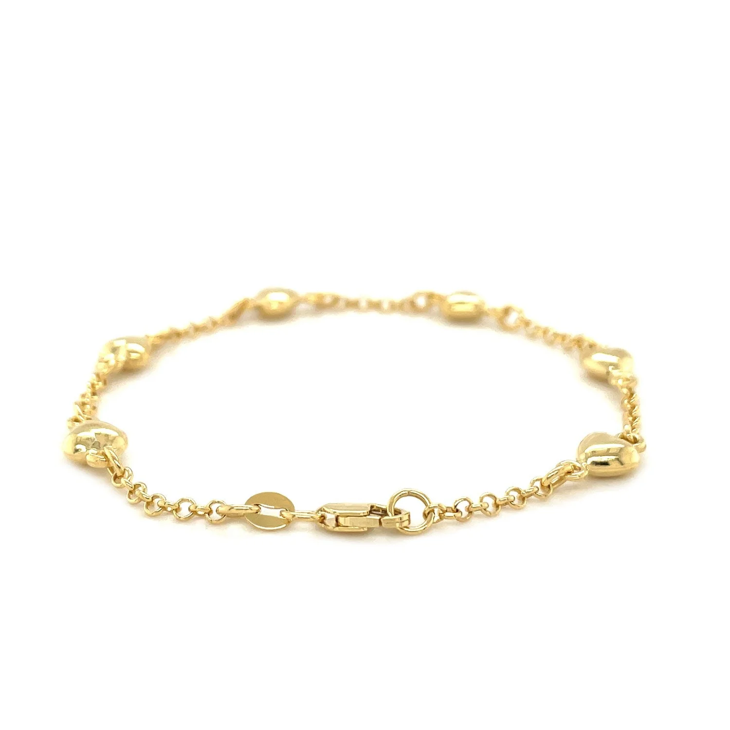 14k Yellow Gold Rolo Chain Bracelet with Puffed Heart Stations - Image 4
