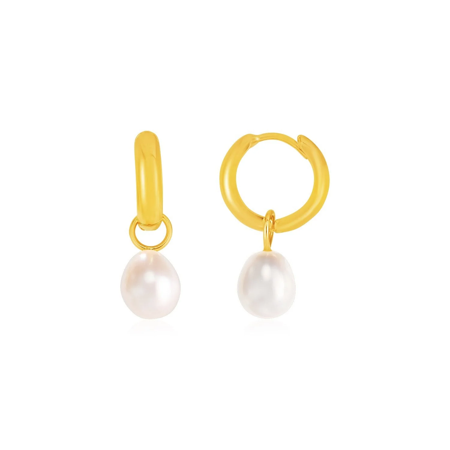 14k Yellow Gold Small Hoop Earrings with Pearls - Image 2