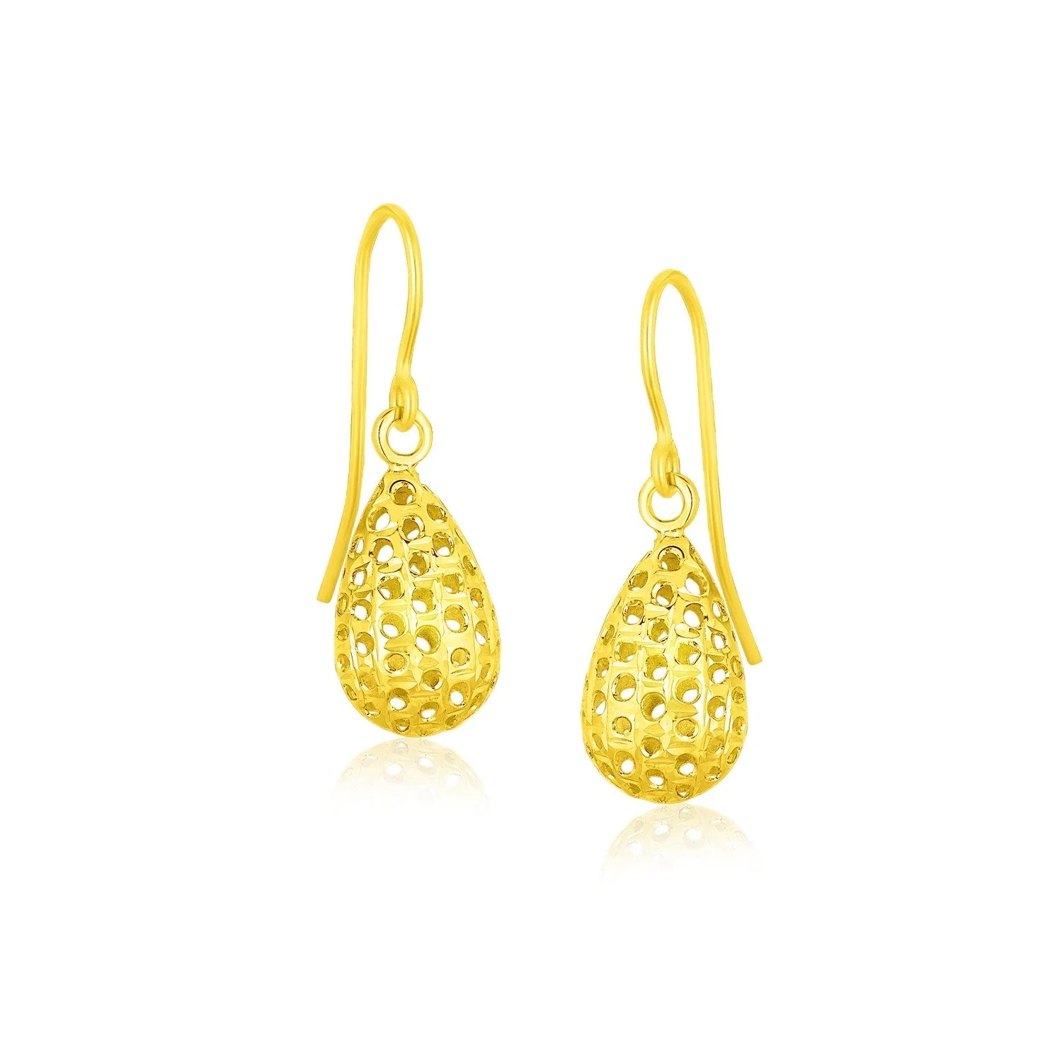 14k Yellow Gold Teardrop Drop Earrings with Honeycomb Texture - Image 2